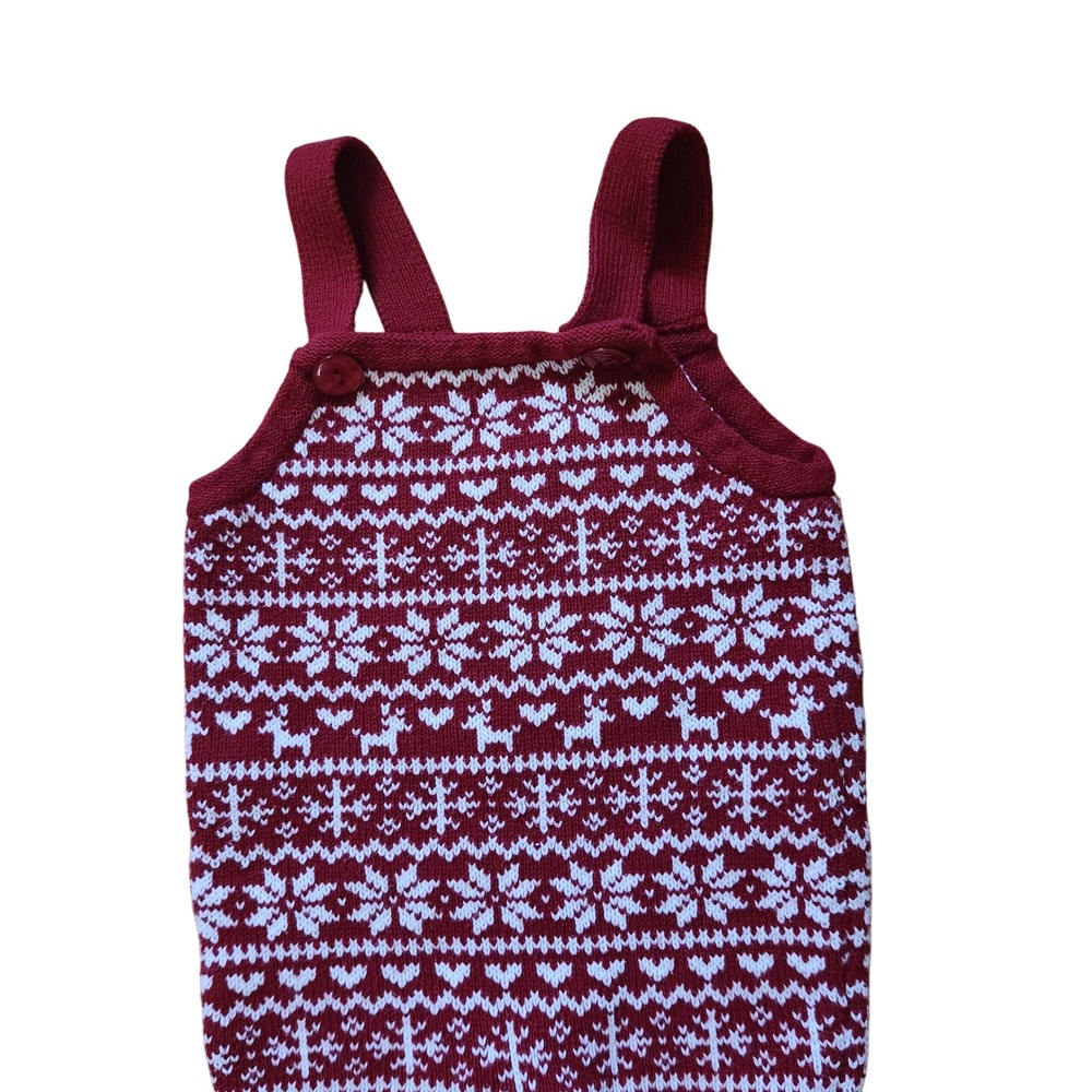 Baby Knit Overalls Red White‎ Snowflake Reindeer Fair Isle Christmas Style 6-9M